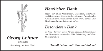 Traueranzeige von Georg Lehner von Pegnitz-Zeitung